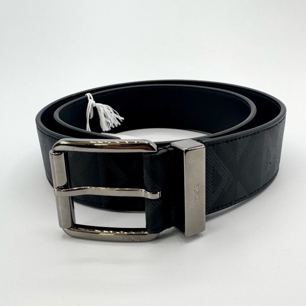 NEW Christian Dior CD Logo Diamond Black Coated Canvas Calfskin Buckle Belt